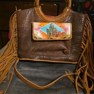Brown Leather Fringe Bag with Artistic Flap